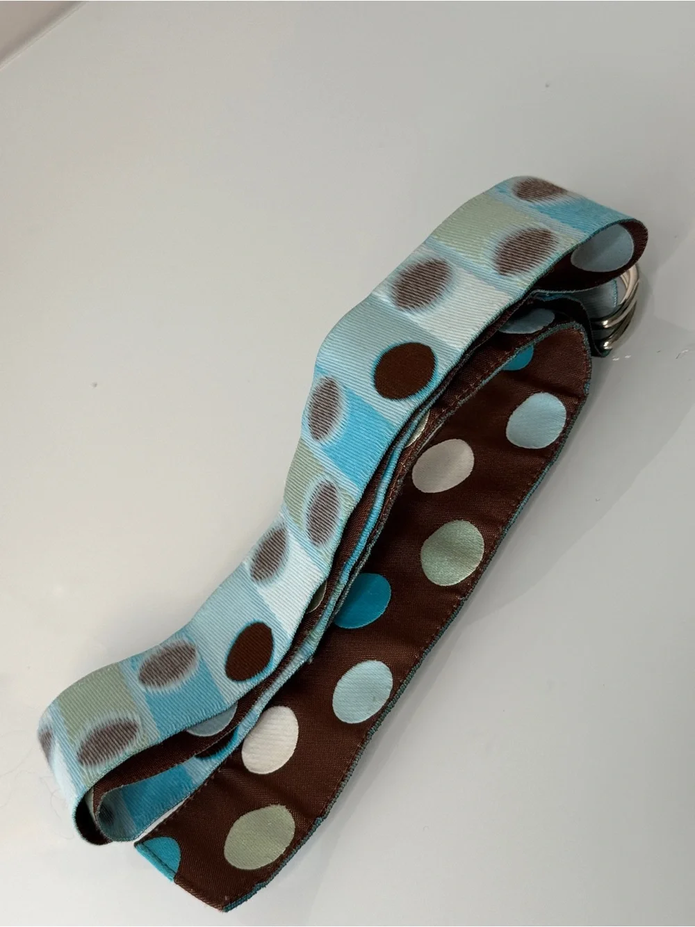 Brown Blue Polka Dot Fabric Belt Ribbon Double Ring Buckle